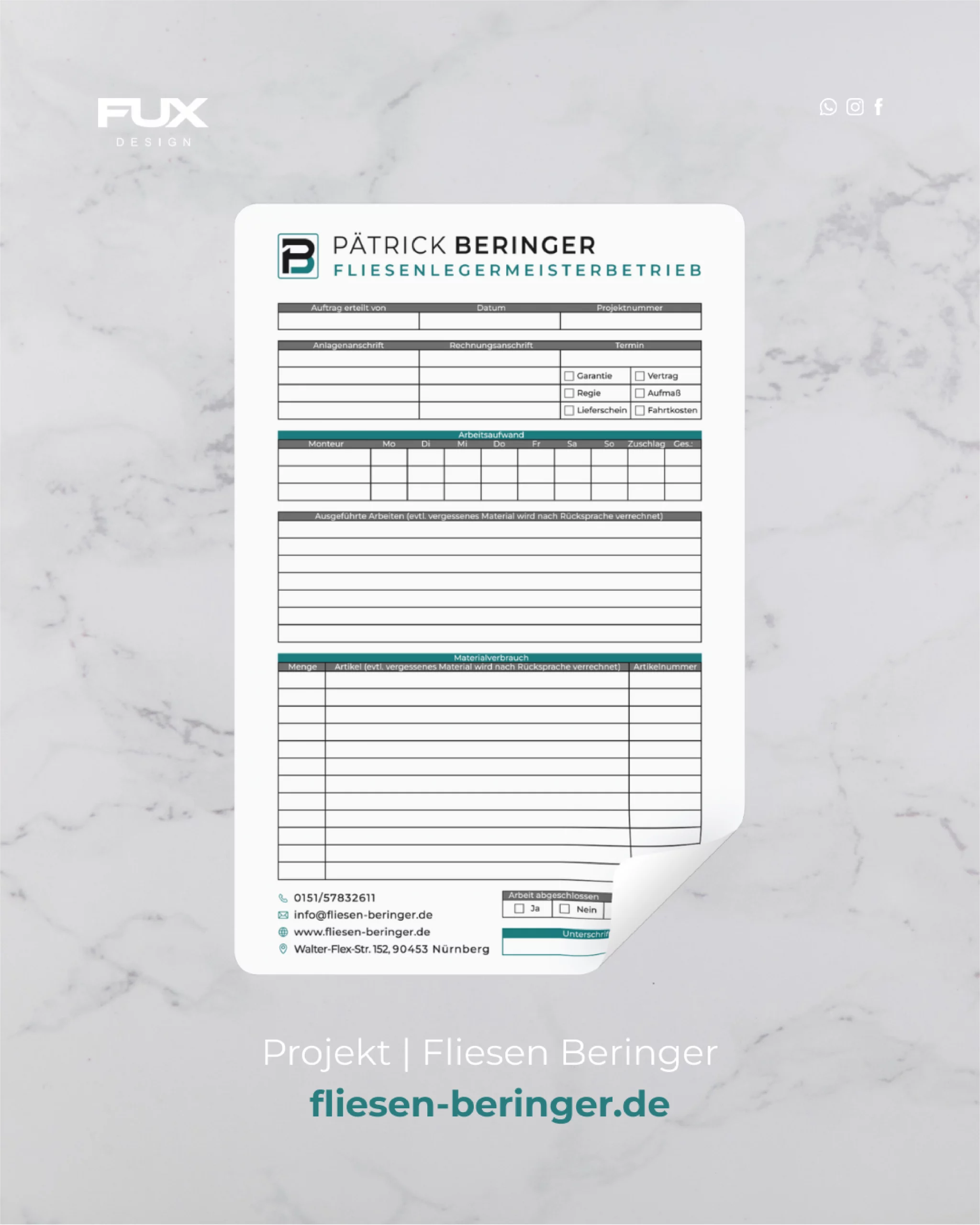 Arbeitsformular und Regieblock im Corporate Design von Fliesen Beringer – Fliesenlegermeisterbetrieb