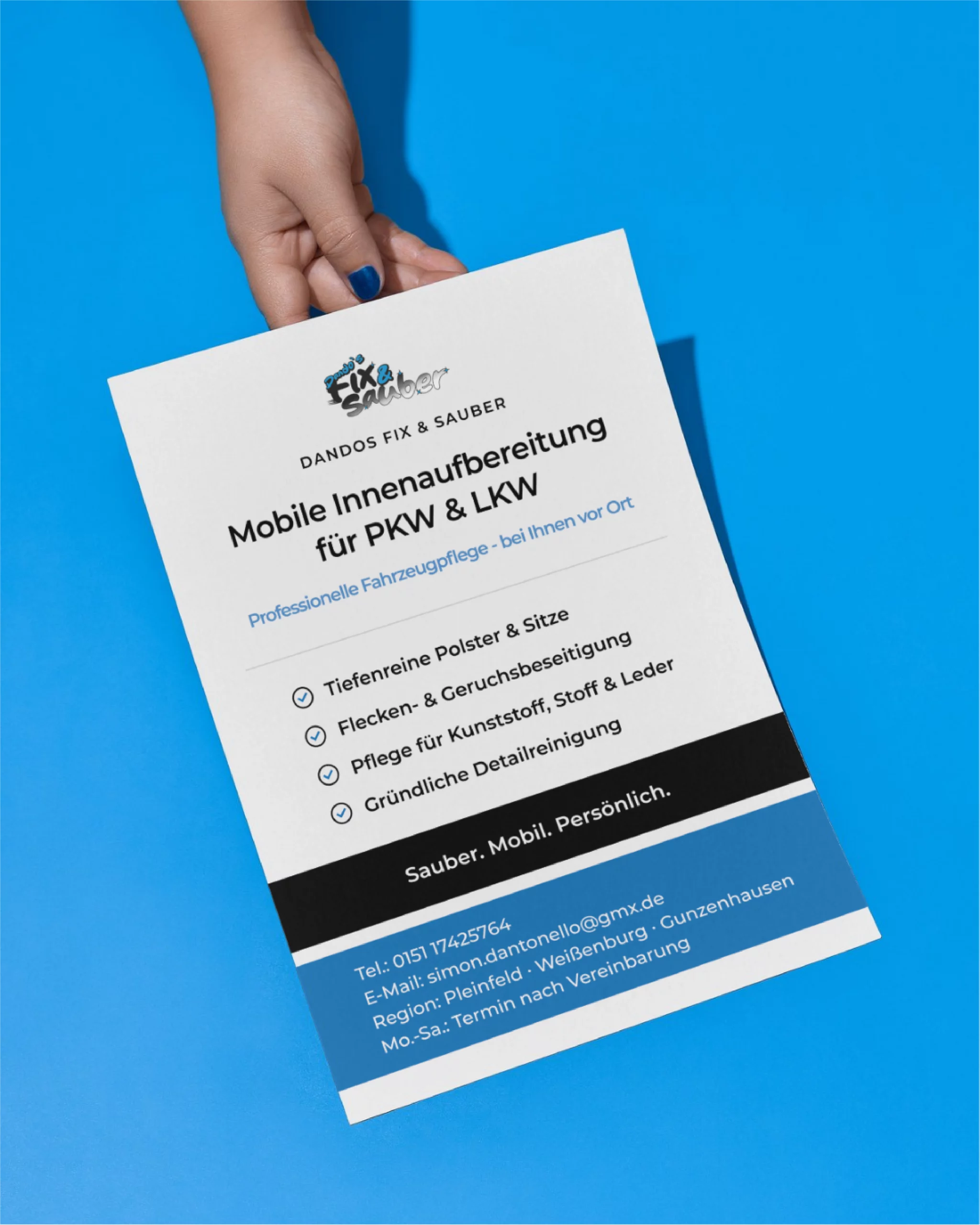 Flyer Vorderseite für Dandos Fix & Sauber – mobile Innenaufbereitung für PKW und LKW