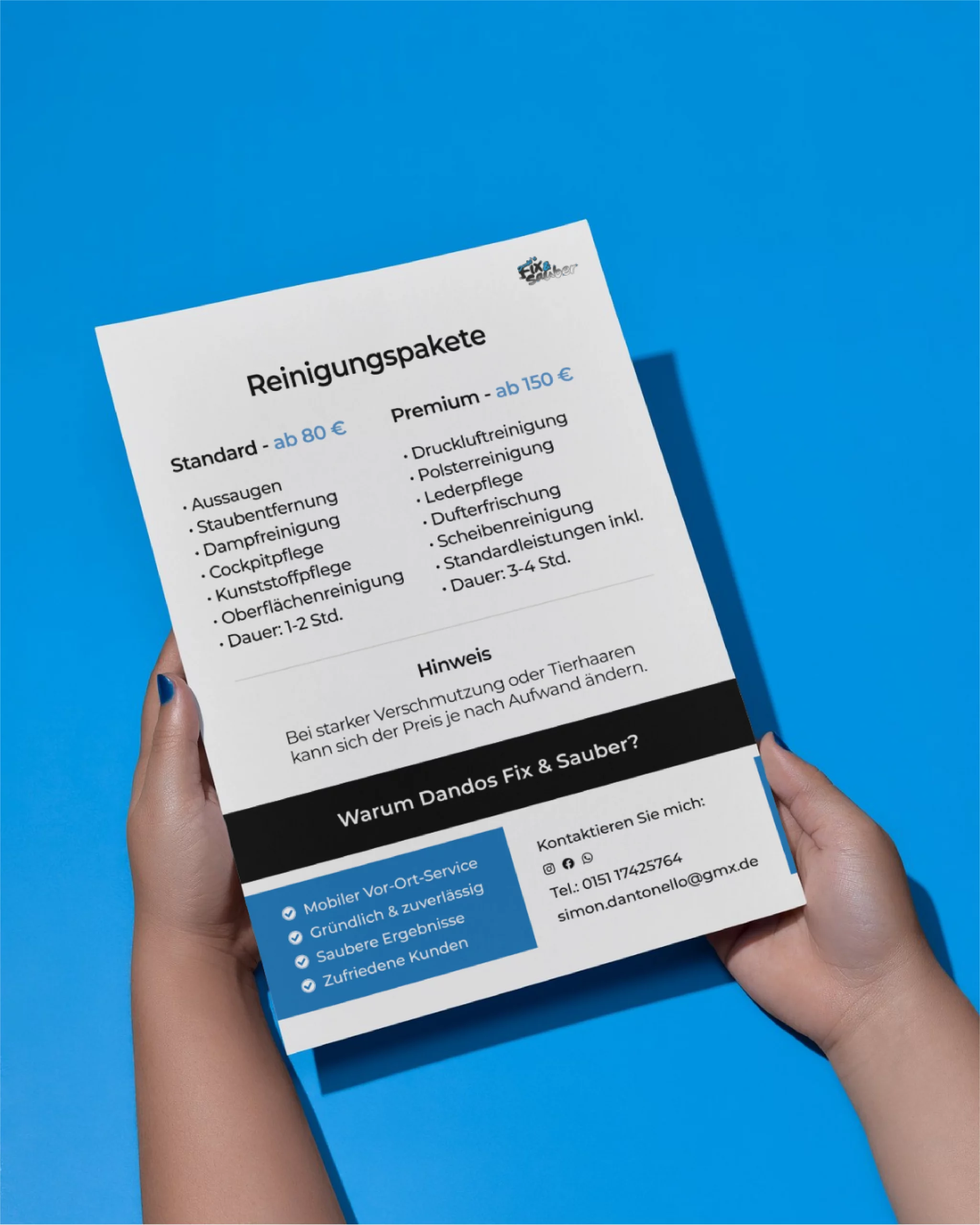 Flyer Rückseite für Dandos Fix & Sauber – Reinigungspakete und Leistungen im Überblick