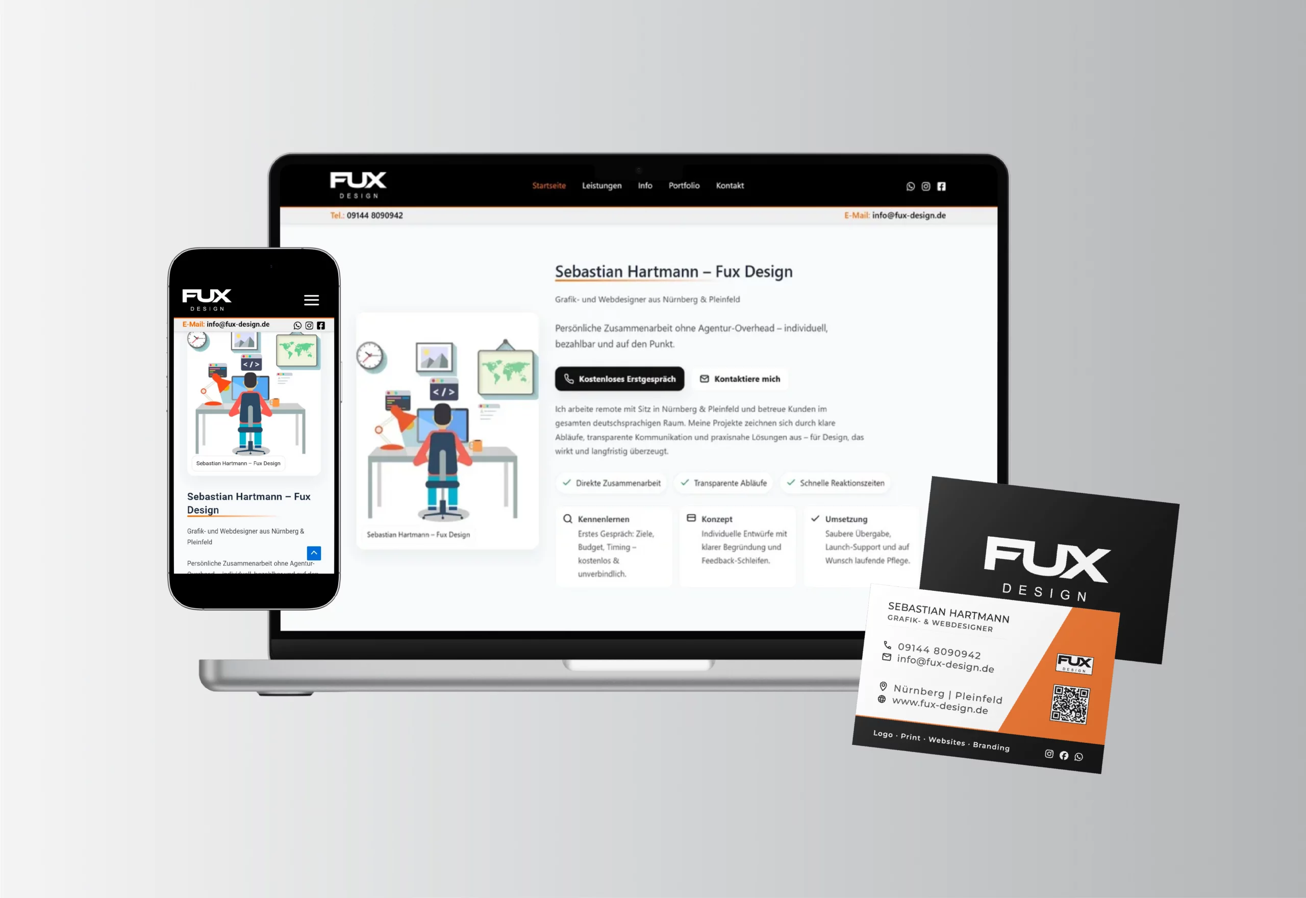 Grafik- und Webdesign von Fux Design aus Nürnberg und Pleinfeld – responsive Website auf Desktop und Smartphone mit Branding und Visitenkarte