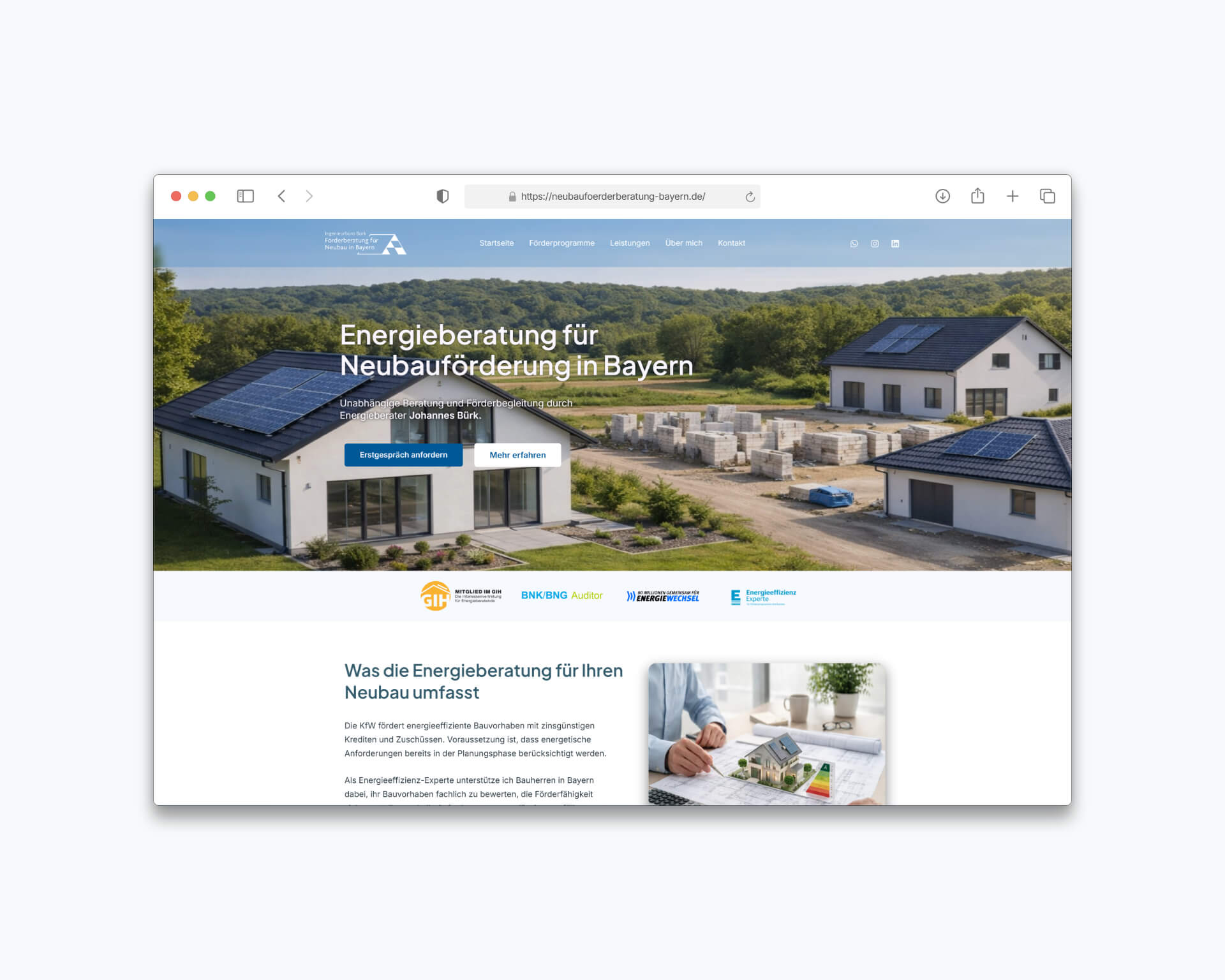 Website Mockup für Energieberatung Neubau Bayern – moderne Webdesign Umsetzung für Energieberater Johannes Bürk